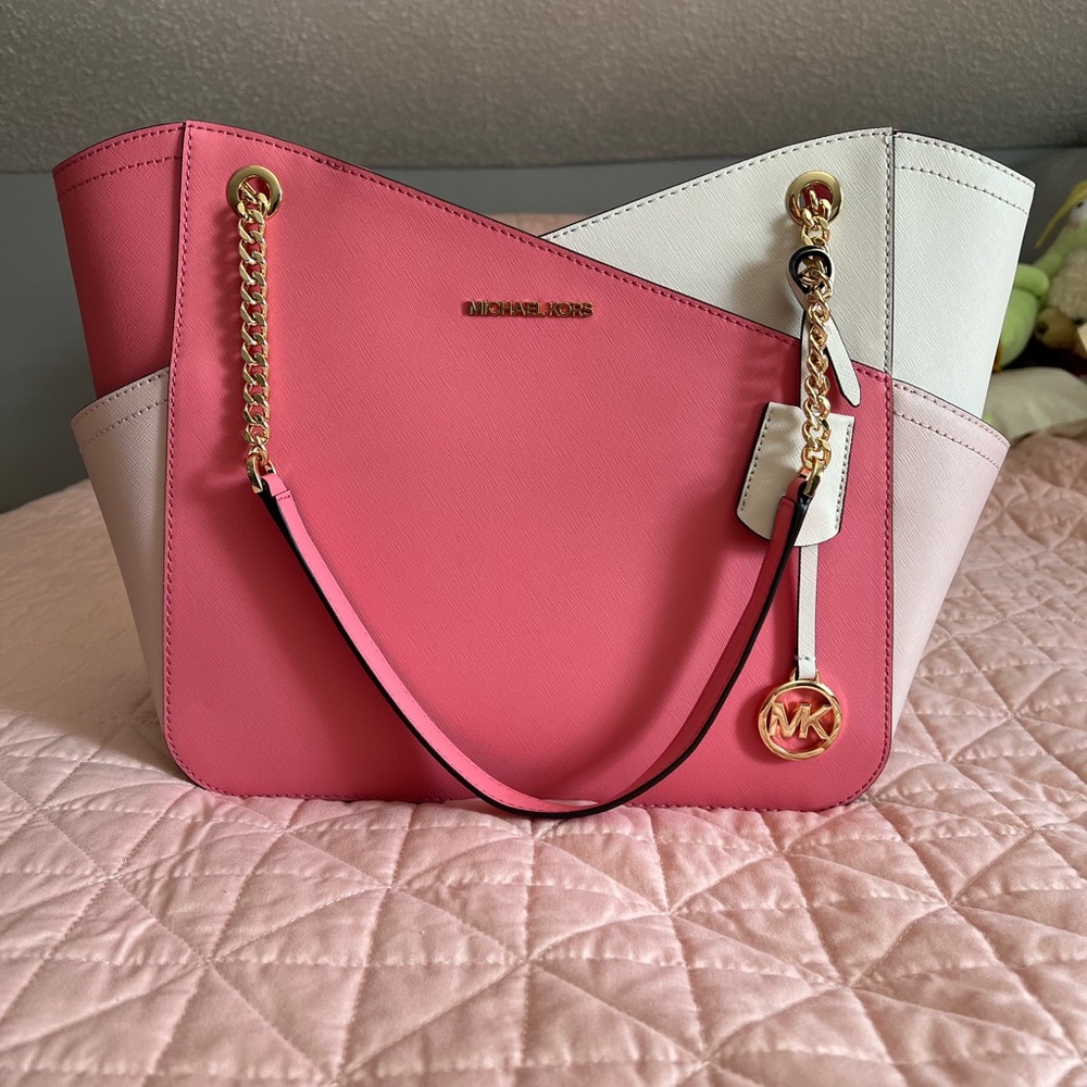 Michael Kors Jet Set Color Block Tote Large Saffiano Leather Pink